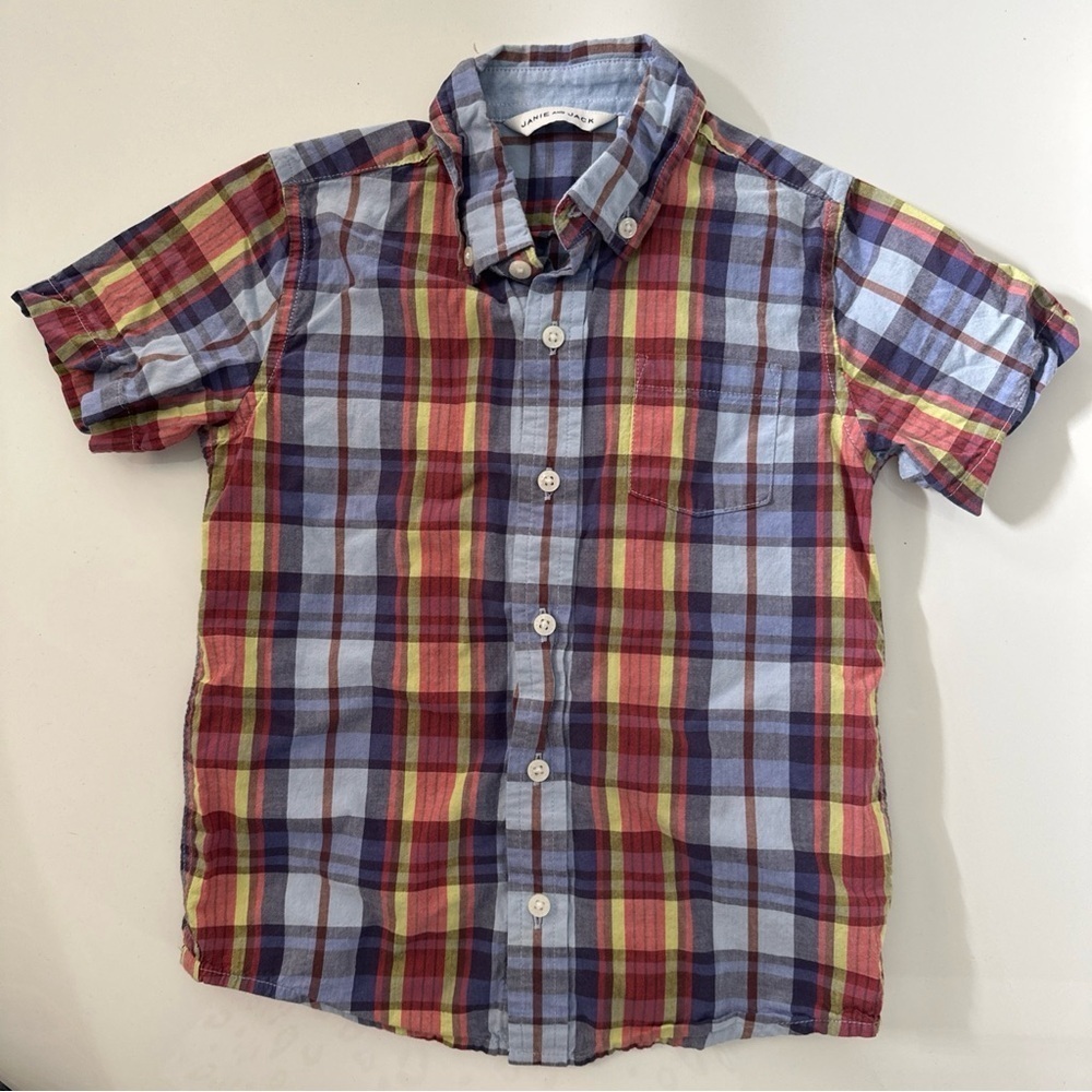 Janie And Jack Boy’s Small Plaid Short Sleeve Button Down Shirt Colorful Logo